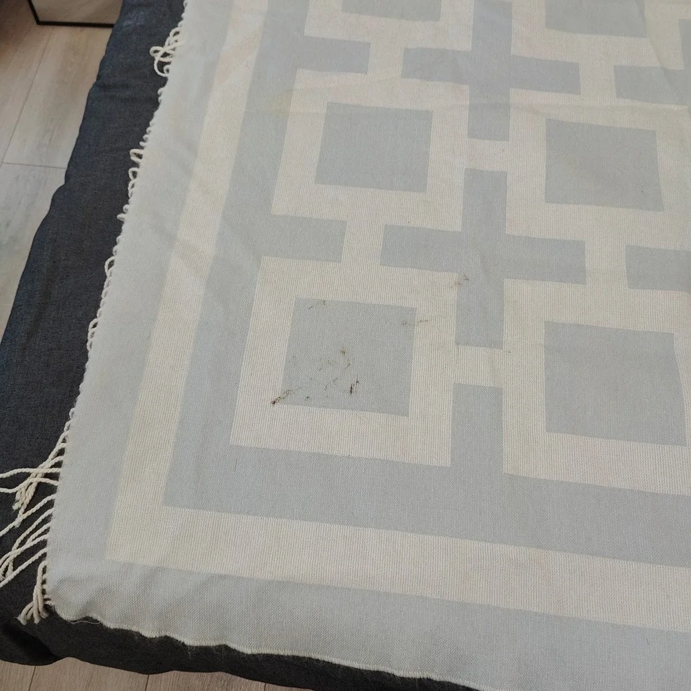 Jonathan Adler Greek Key Throw Blanket OS Blue White Alpaca Fringe Geometric MCM